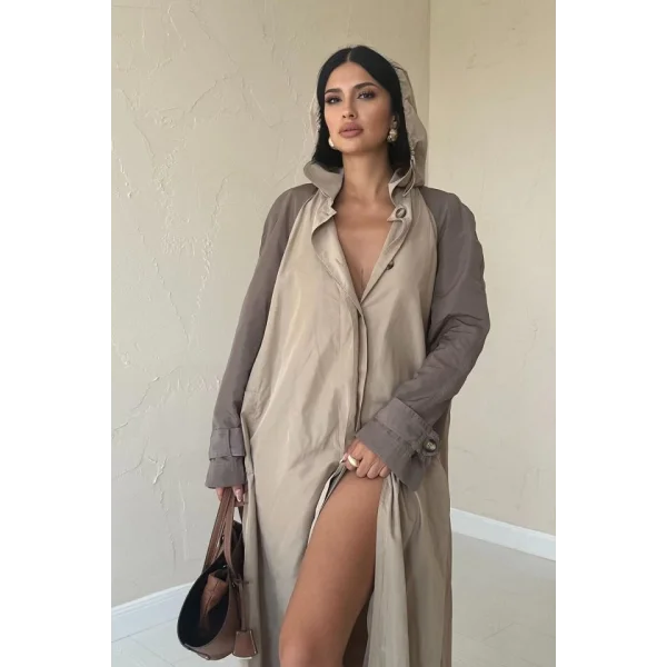 Taba Kapüşonlu Uzun Trençkot