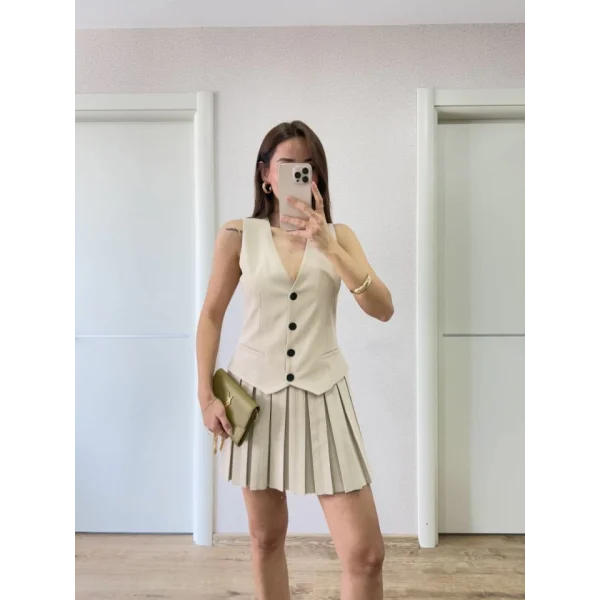 Takım Görünümlu Yelekli Mini Elbise- Bej