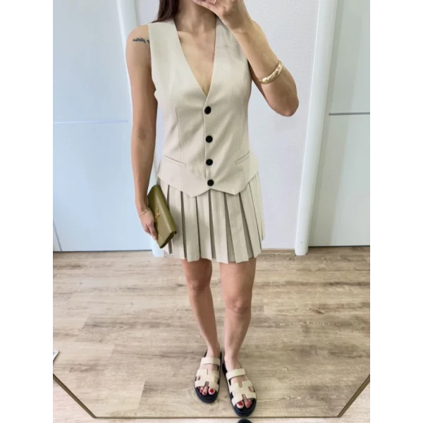 Takım Görünümlu Yelekli Mini Elbise- Bej