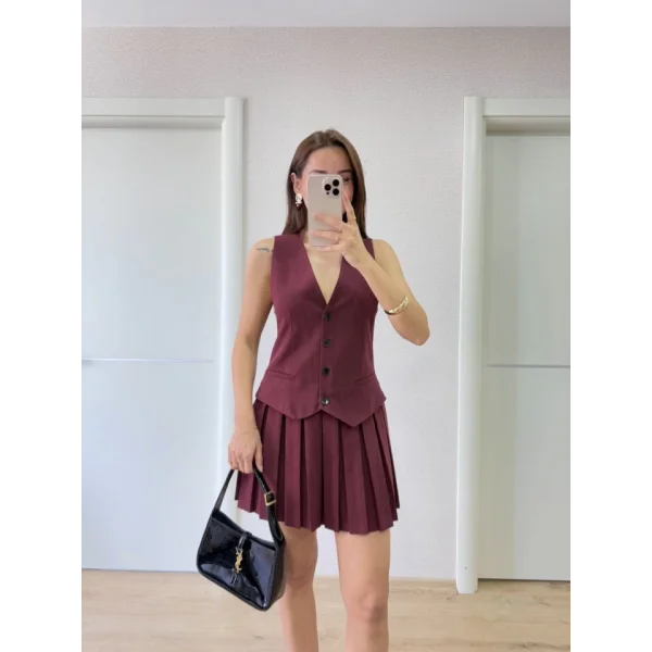Takım Görünümlu Yelekli Mini Elbise- Bordo