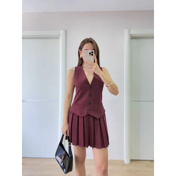 Takım Görünümlu Yelekli Mini Elbise- Bordo