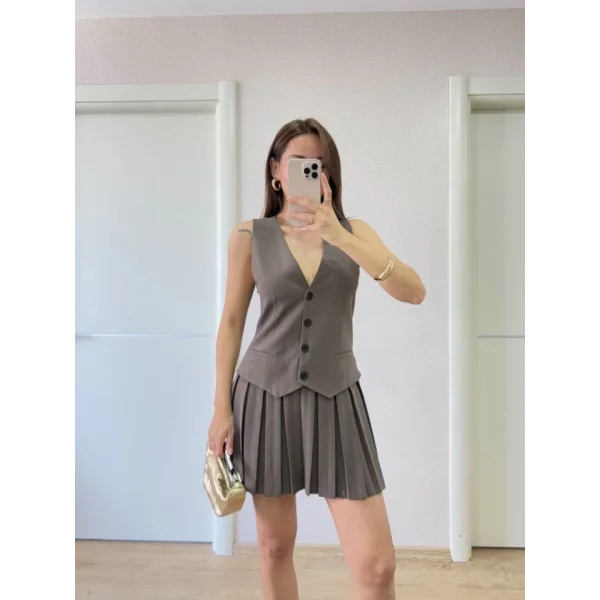 Takım Görünümlu Yelekli Mini Elbise- Füme
