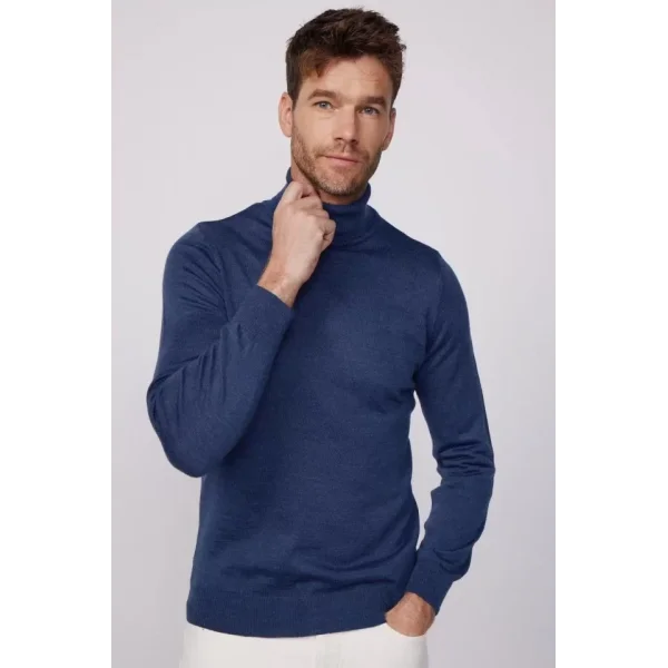 Tam Boğazlı Balıkçı Yaka Dokuma Triko - İndigo