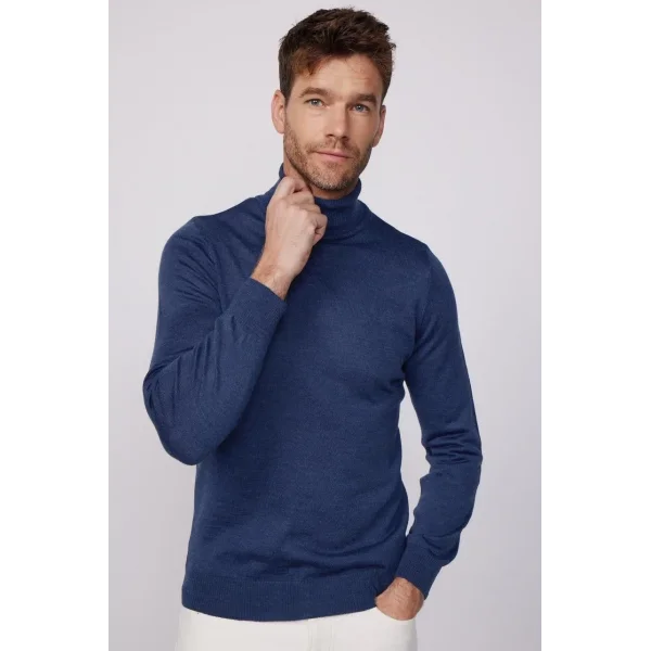 Tam Boğazlı Balıkçı Yaka Dokuma Triko - İndigo