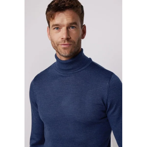 Tam Boğazlı Balıkçı Yaka Dokuma Triko - İndigo