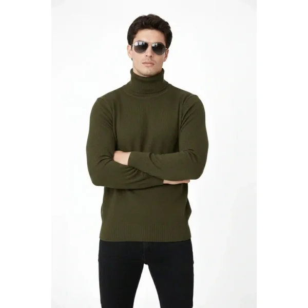 Tam Boğazlı Balıkcı Yaka Triko Kazak Yumuşak Dokulu Pamuklu Ince Dokuma, Uzun Kollu Rahat Regular Kalıp - Haki