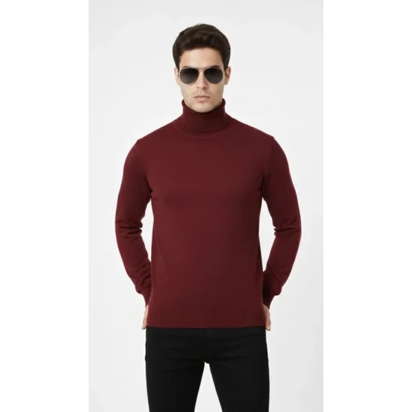 Tam Boğazlı Balıkcı Yaka Triko Kazak Yumuşak Dokulu Pamuklu Ince Dokuma, Uzun Kollu Rahat Regular Kalıp - Bordo