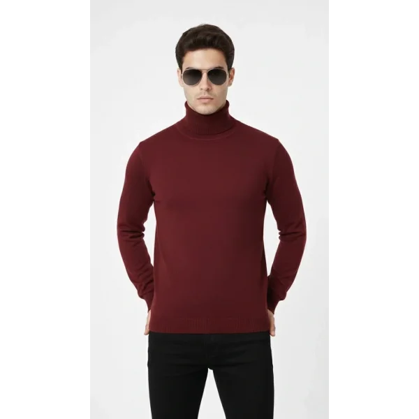 Tam Boğazlı Balıkcı Yaka Triko Kazak yumuşak dokulu Pamuklu ince Dokuma, uzun kollu Rahat Regular kalıp - Bordo