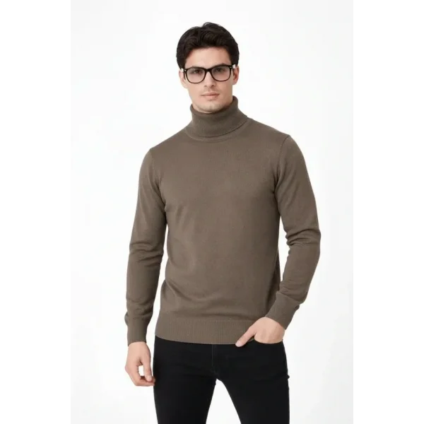 Tam Boğazlı Balıkcı Yaka Triko Kazak Yumuşak Dokulu Pamuklu Ince Dokuma, Uzun Kollu Rahat Regular Kalıp - Kahverengi