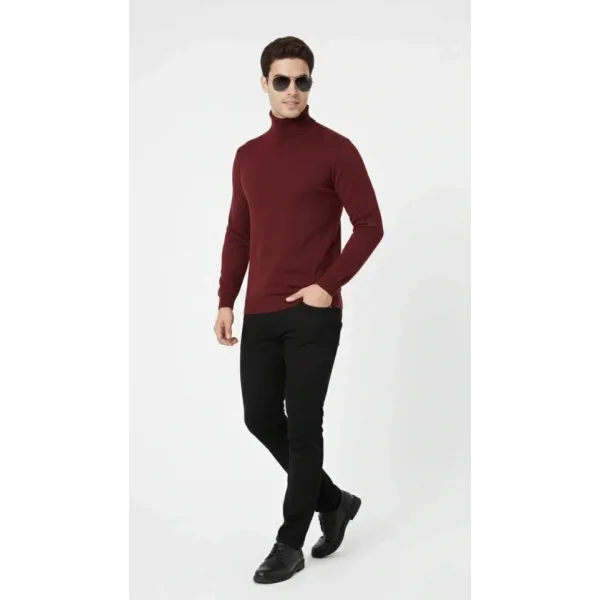 Tam Boğazlı Balıkcı Yaka Triko Kazak Yumuşak Dokulu Pamuklu Ince Dokuma, Uzun Kollu Rahat Regular Kalıp - Bordo