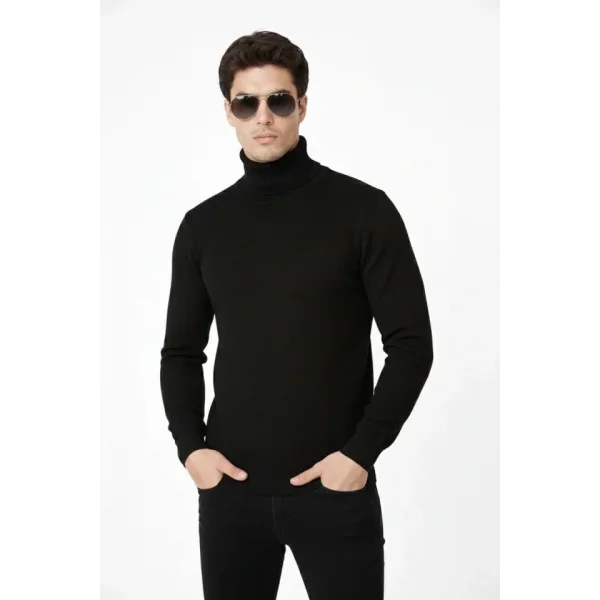 Tam Boğazlı Balıkcı Yaka Triko Kazak Yumuşak Dokulu Pamuklu Ince Dokuma, Uzun Kollu Rahat Regular Kalıp - Siyah