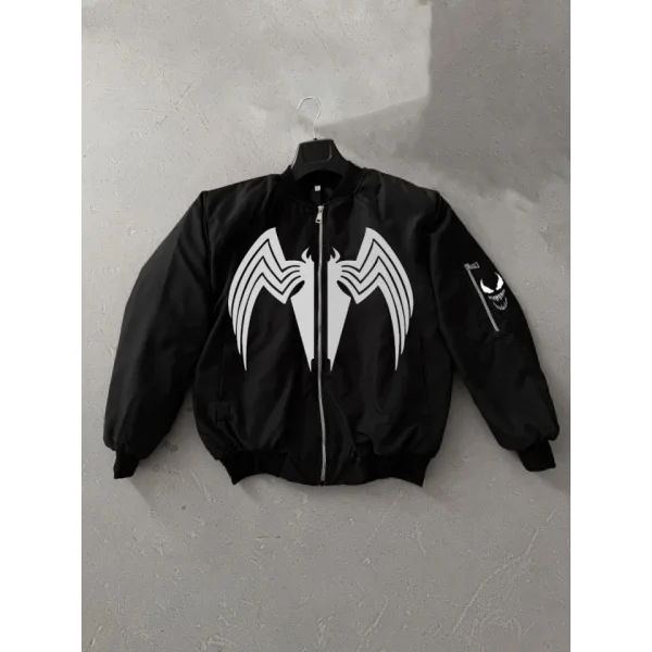 Tam Fermuarlı Uzun Kol Baskılı Bomber Ceket  iyah