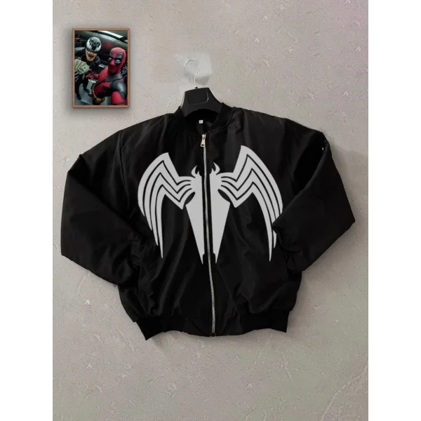 Unisex Siyah Bomber Mont – Venom Beyaz Örümcek Logolu, Fermuarlı Cepli, Kapitone Astarlı Günlük Mont - Siyah