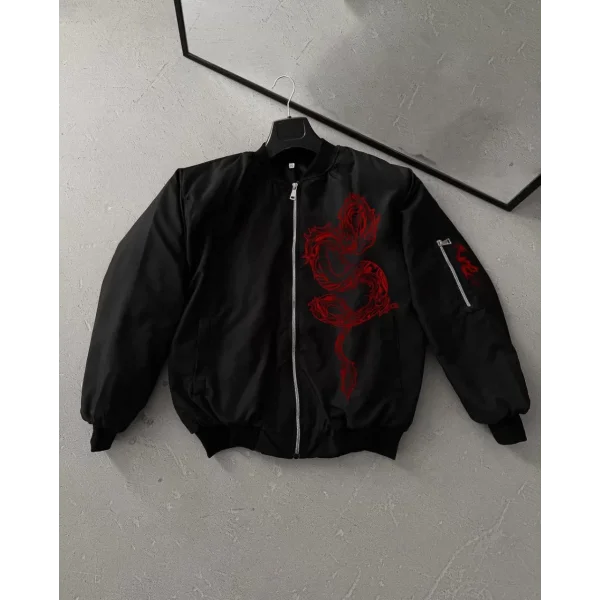 Erkek Unisex Siyah Bomber Mont – Kırmızı Ejderha Desenli, Fermuarlı Cepli, Kapitone Astarlı Günlük ve Sokak Modası Ceket - Siyah