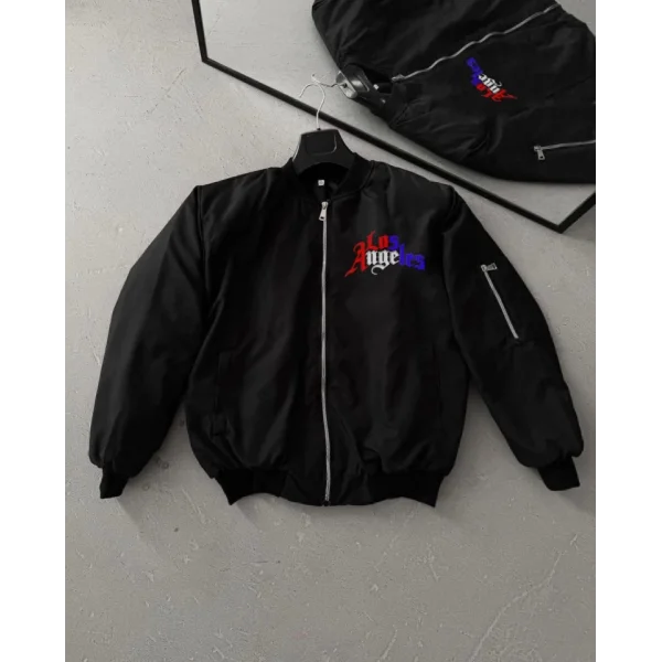 Tam Fermuarlı Uzun Kol Baskılı Bomber Ceket - Siyah