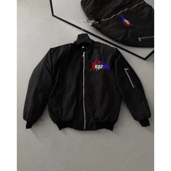 Los Angeles Siyah Bomber Mont – Fermuarlı, Cepli, Kapitone Astarlı, Bahar ve Kış Günlük Kullanım İçin Unisex Ceket- Siyah