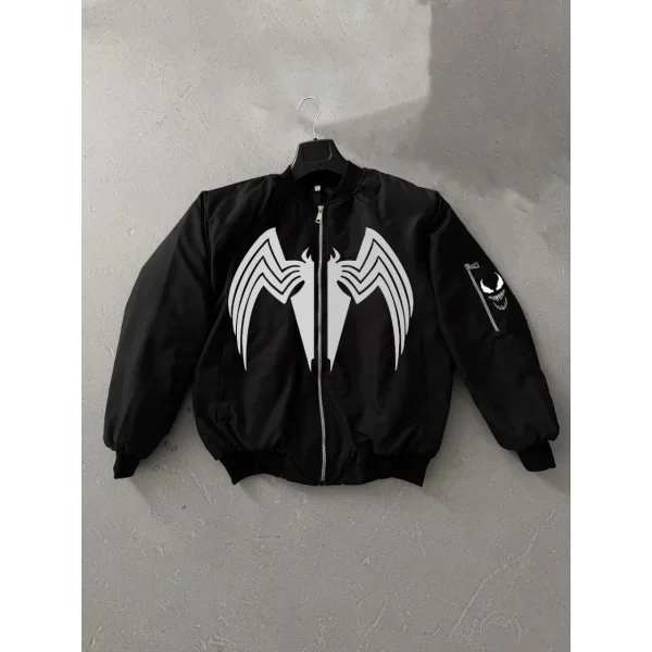 Unisex Siyah Bomber Mont – Venom Beyaz Örümcek Logolu, Fermuarlı Cepli, Kapitone Astarlı Günlük Mont - Siyah