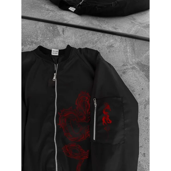 Erkek Unisex Siyah Bomber Mont – Kırmızı Ejderha Desenli, Fermuarlı Cepli, Kapitone Astarlı Günlük ve Sokak Modası Ceket - Siyah
