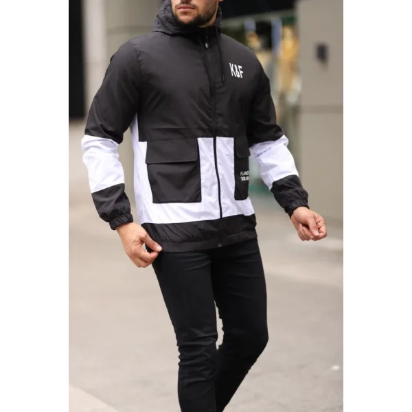 Tam Kalıp Kapşonlu İçi Astarlı Parçalı Yağmurluk - Siyah