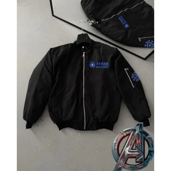 Stark Industries Siyah Bomber Mont – Fermuarlı, Cepli, Uzun Kollu, Kapitone Astarlı, Bahar ve Kış Mevsimi Rahat Unisex Ceket - Siyah
