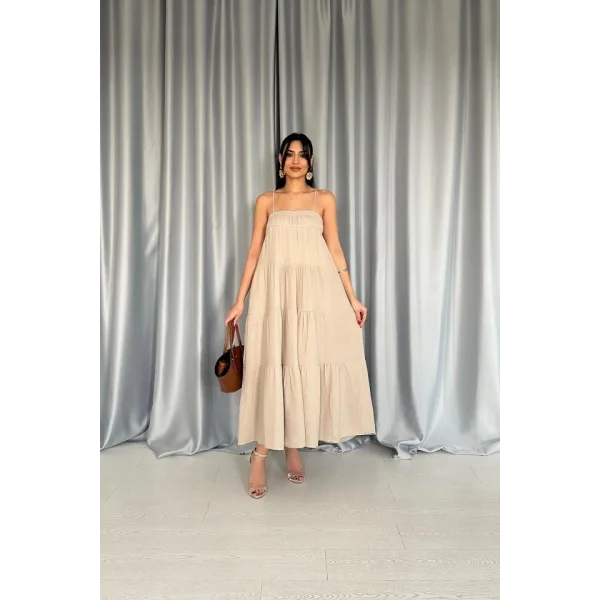 Taş Askılı Parçalı Müslin Elbise