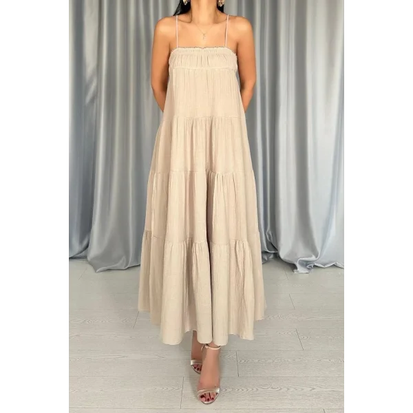 Taş Askılı Parçalı Müslin Elbise