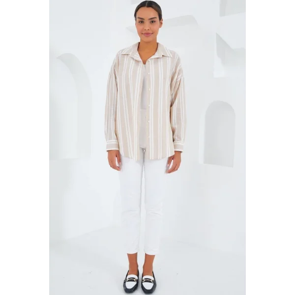 Taş Beyaz Çizgili Oversize Keten Gömlek 20251