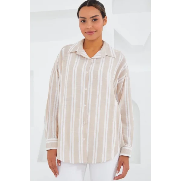 Taş Beyaz Çizgili Oversize Keten Gömlek 20251