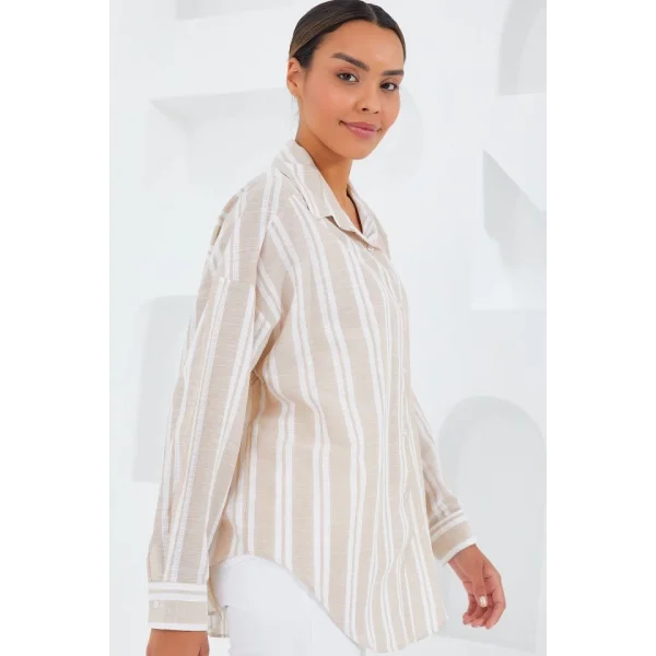 Taş Beyaz Çizgili Oversize Keten Gömlek 20251