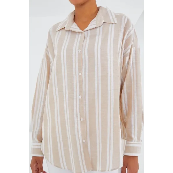 Taş Beyaz Çizgili Oversize Keten Gömlek 20251