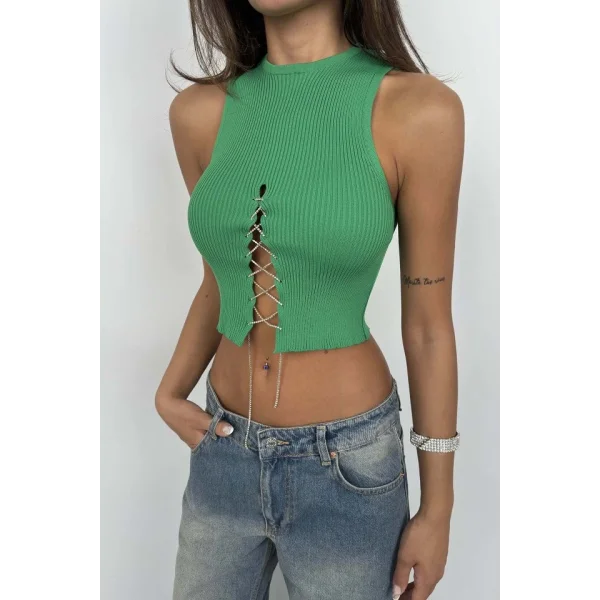 Taş Detay Dekolteli Crop Bluz