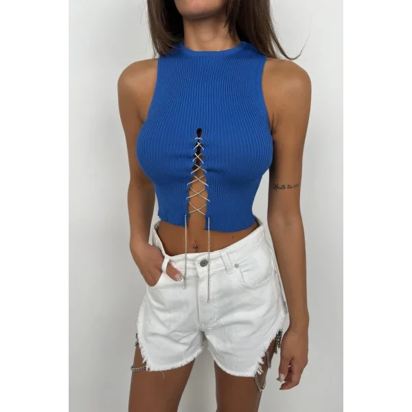 Taş Detay Dekolteli Crop Bluz