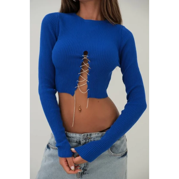 Taş Detay Triko Yaka Crop Bluz