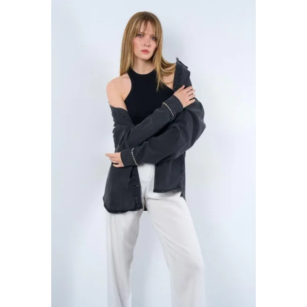 Taş Detaylı Cepli Gömlek  iyah