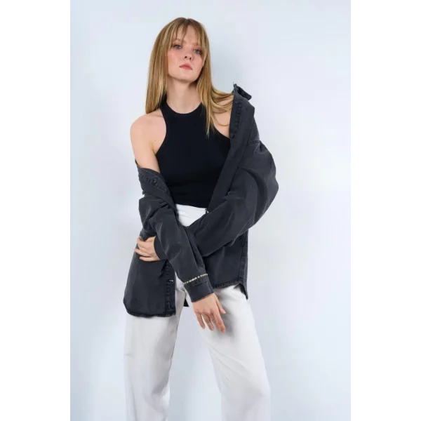 Taş Detaylı Cepli Gömlek  iyah