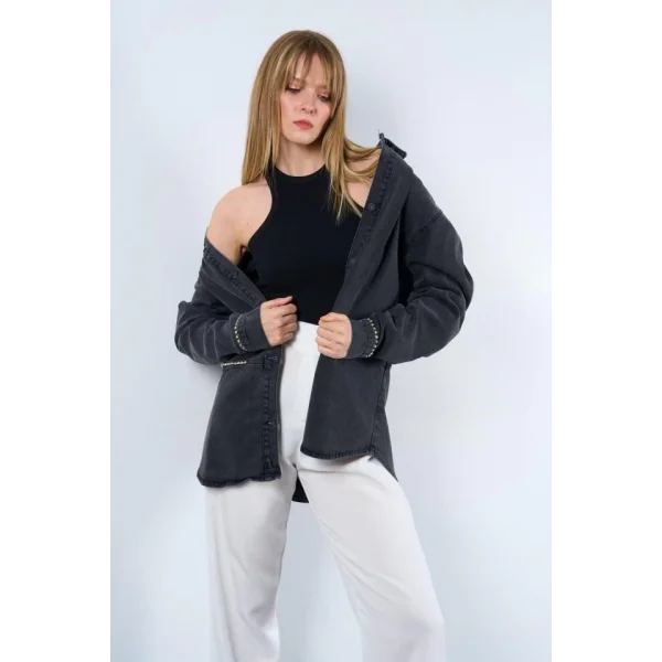 Taş Detaylı Cepli Gömlek  iyah