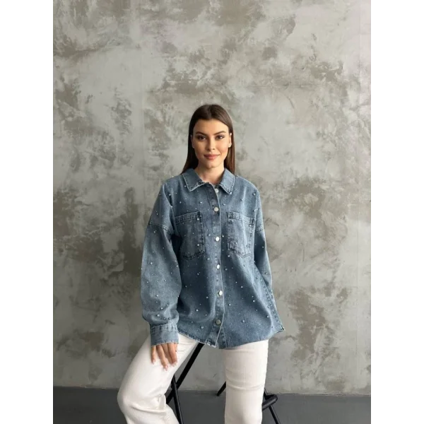 Taş İşlemeli Dökümlü Kot Gömlek