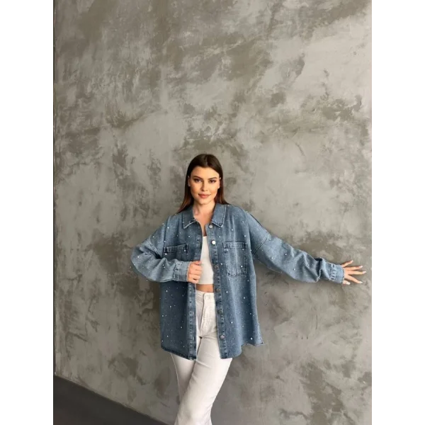 Taş İşlemeli Dökümlü Kot Gömlek