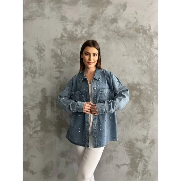 Taş İşlemeli Dökümlü Kot Gömlek