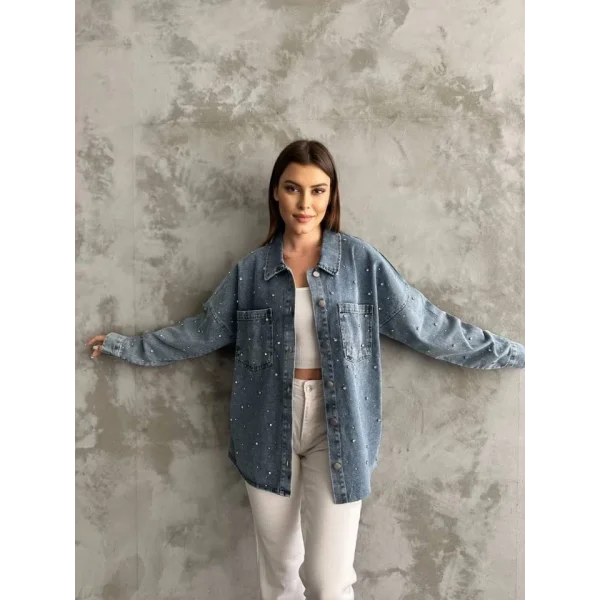 Taş İşlemeli Dökümlü Kot Gömlek