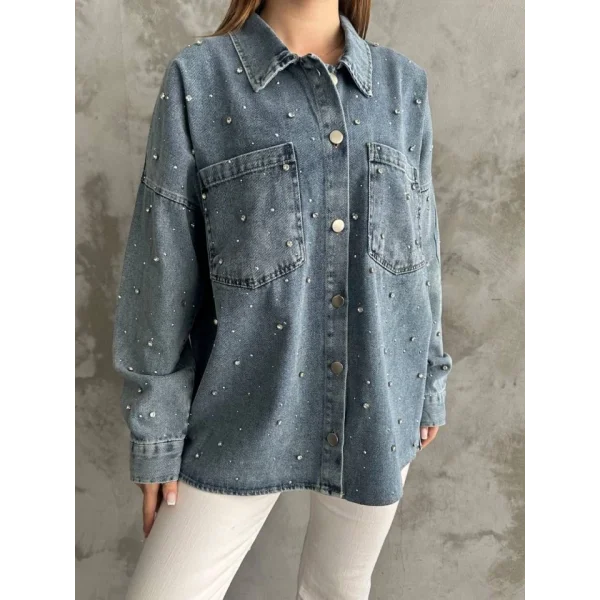 Taş İşlemeli Dökümlü Kot Gömlek