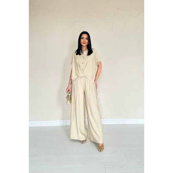 Taş Önü Pileli İkili Keten Takım