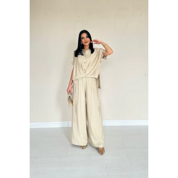 Taş Önü Pileli İkili Keten Takım