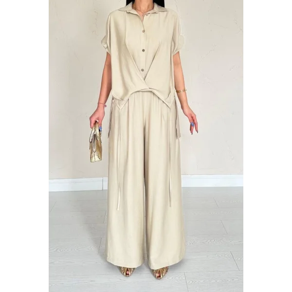 Taş Önü Pileli İkili Keten Takım