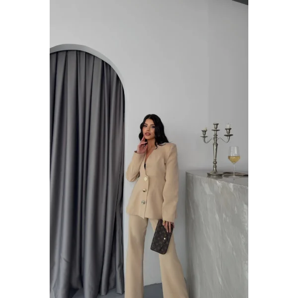 TASARIM CEKET-PANTOLON TAKIM METAL DÜĞME DETAYLI - Bej