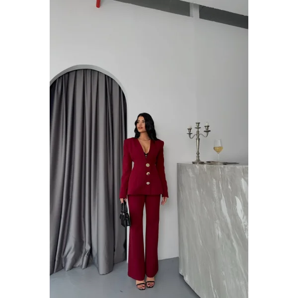 TASARIM CEKET-PANTOLON TAKIM METAL DÜĞME DETAYLI - Bordo