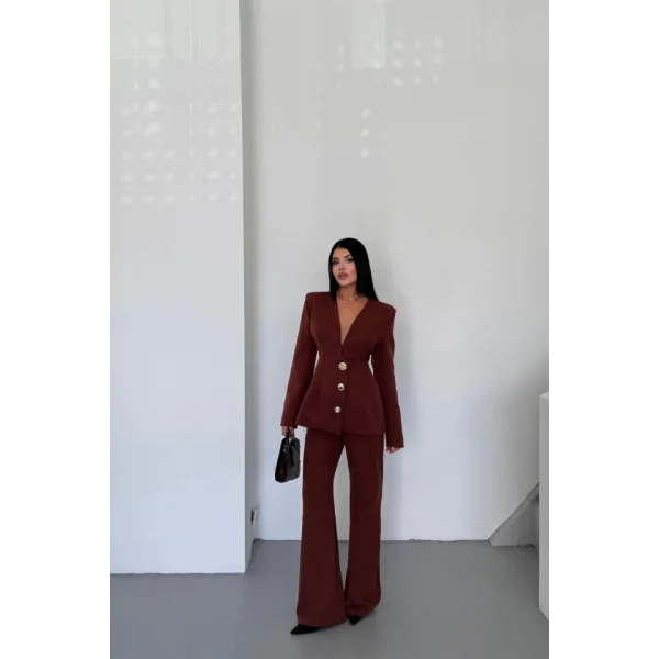 TASARIM CEKET-PANTOLON TAKIM METAL DÜĞME DETAYLI - Kahverengi