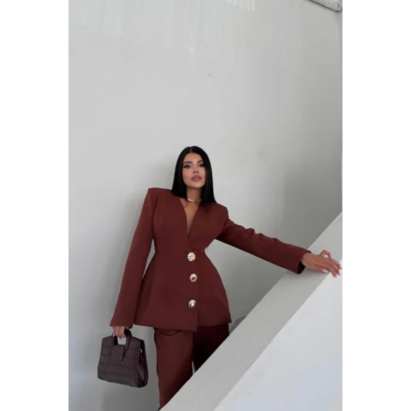 TASARIM CEKET-PANTOLON TAKIM METAL DÜĞME DETAYLI - Kahverengi