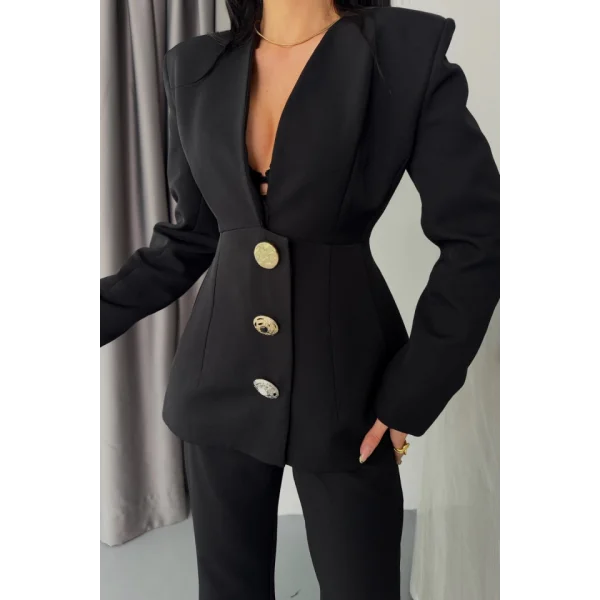 TASARIM CEKET-PANTOLON TAKIM METAL DÜĞME DETAYLI - Siyah