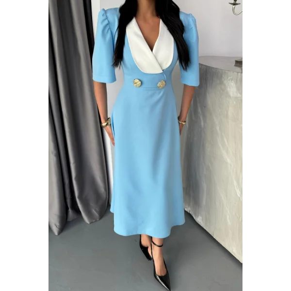 TASARIM ELBİSE CEKET YAKA GOLD DÜĞME DETAYLI KISA KOL - Mavi